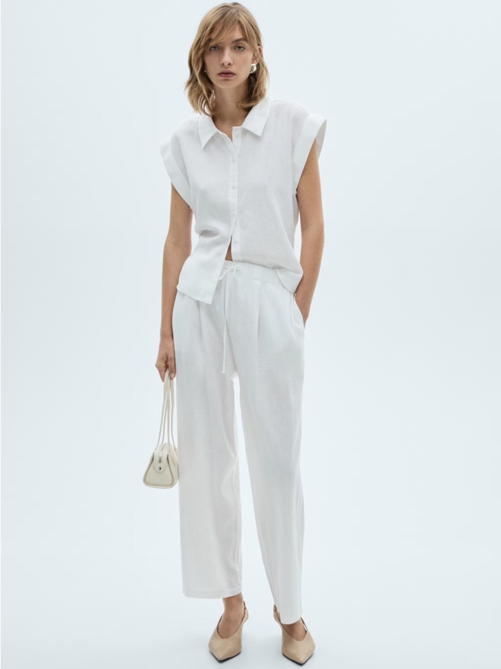 Mango Co-Ord Linen Set Flowy Pants and Blouse New